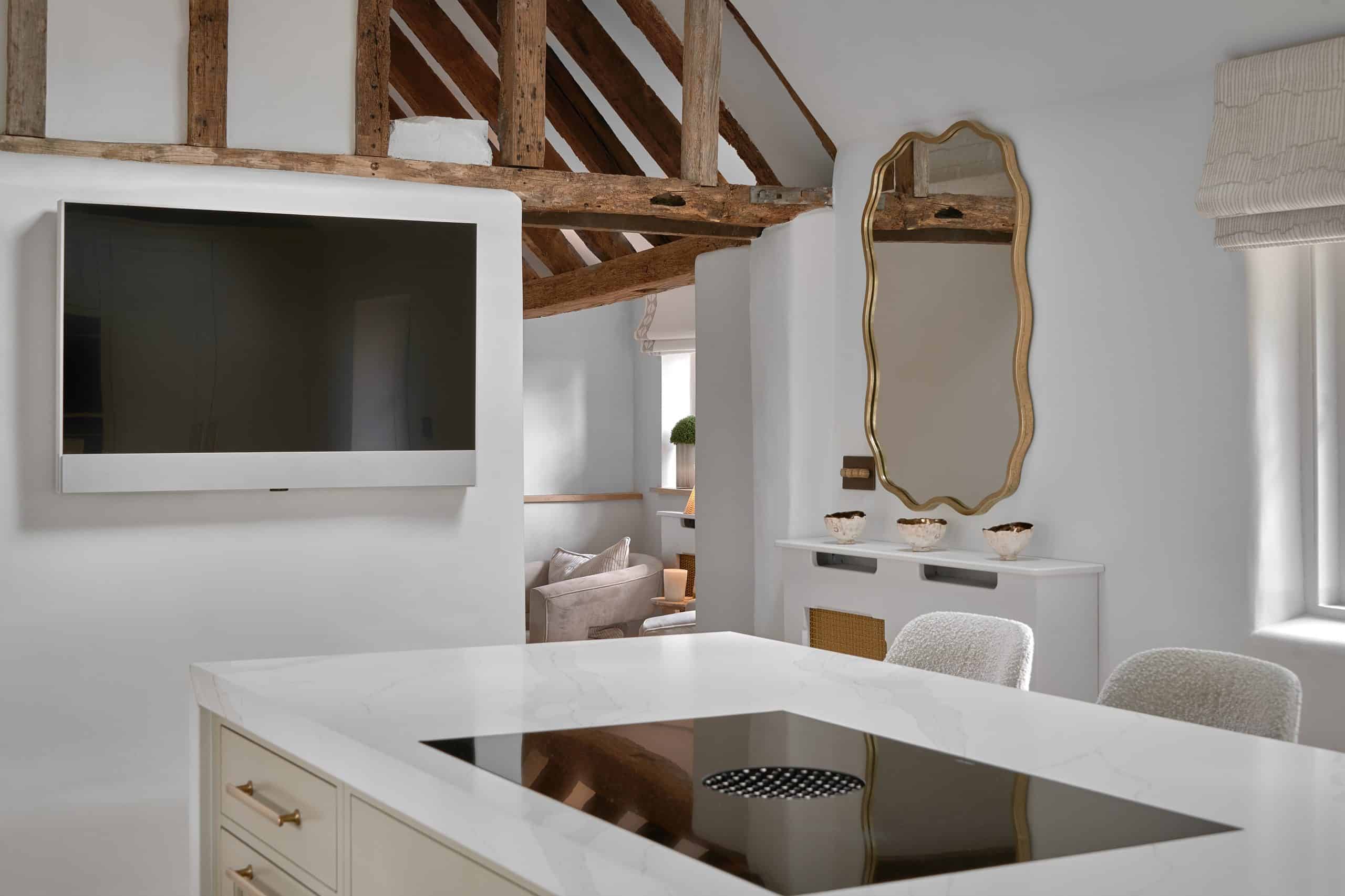 White handmade luxury bespoke Shaker kitchen with Bora hob in Kent